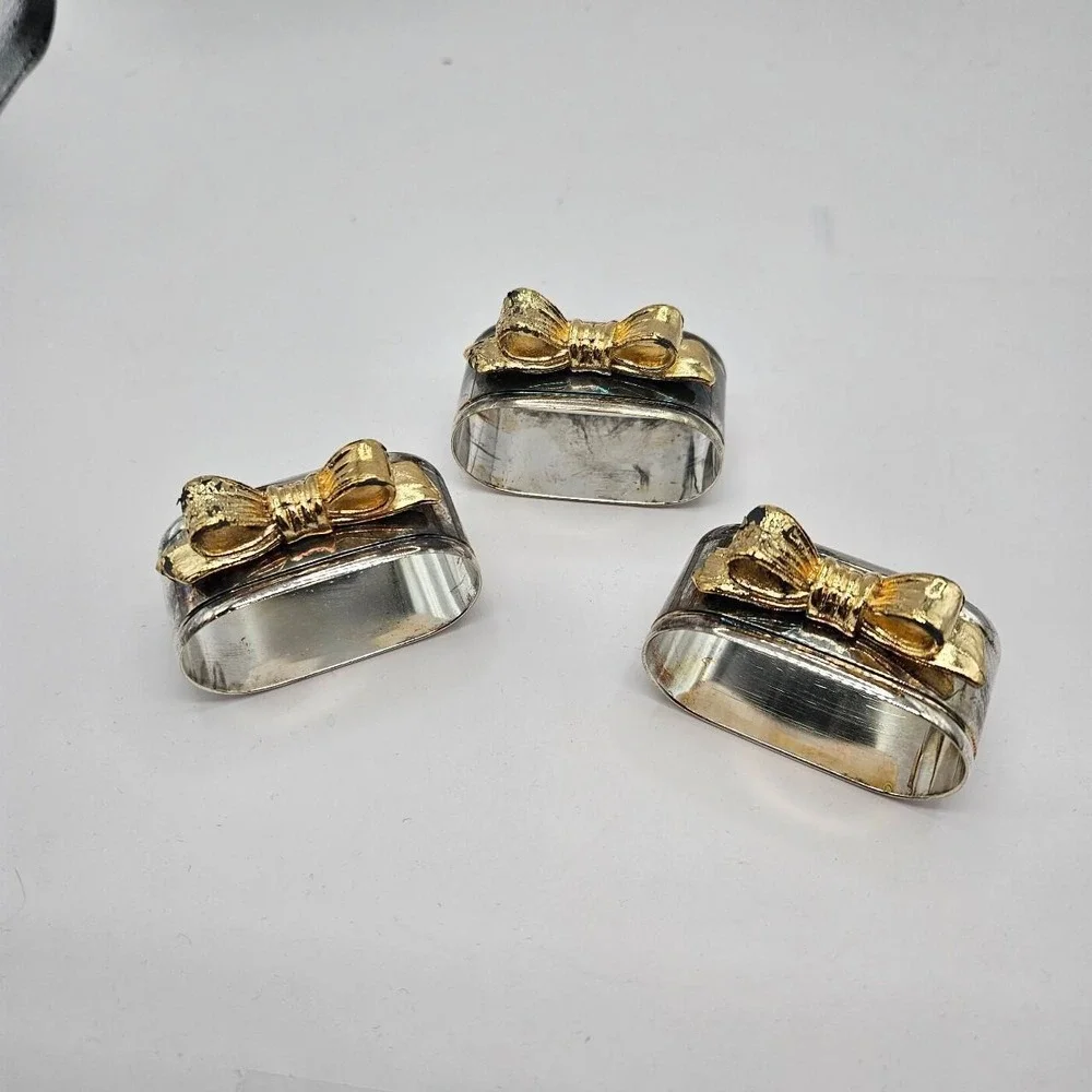 Set of 3 vintage silver bow tie napkin rings home, see photos for condition.